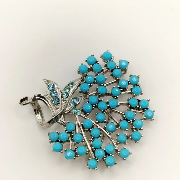 Silver Tone Blue Beading and Rhinestones Brooch 2" - Picture 2 of 5